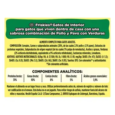 PURINA® FRISKIES® Gatos Interior con Pollo y Sabor con Verduras Beneficios